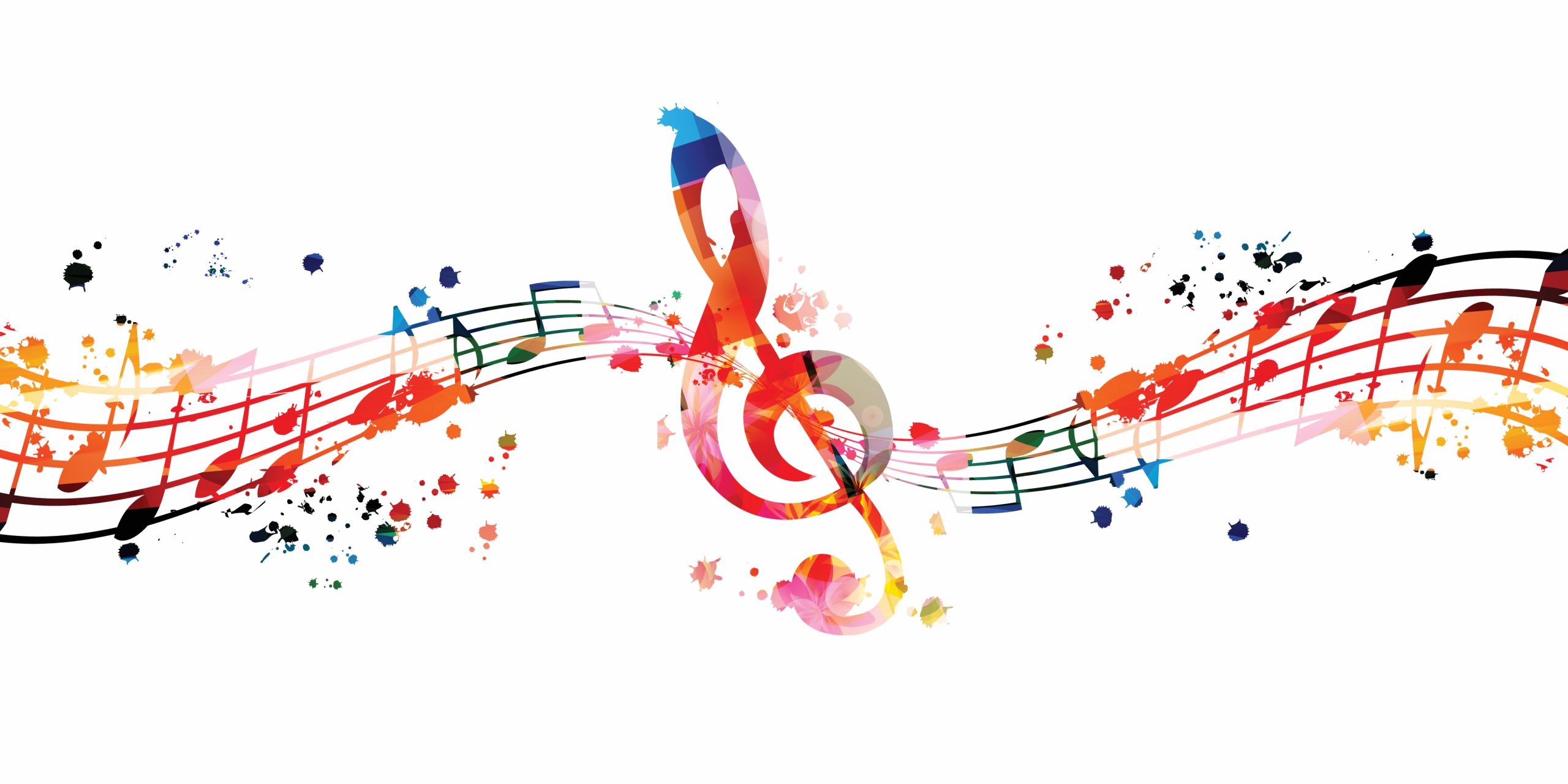 Colorful musical notes and a treble clef swirl amidst splashes of paint, creating a vibrant, artistic representation of mu...