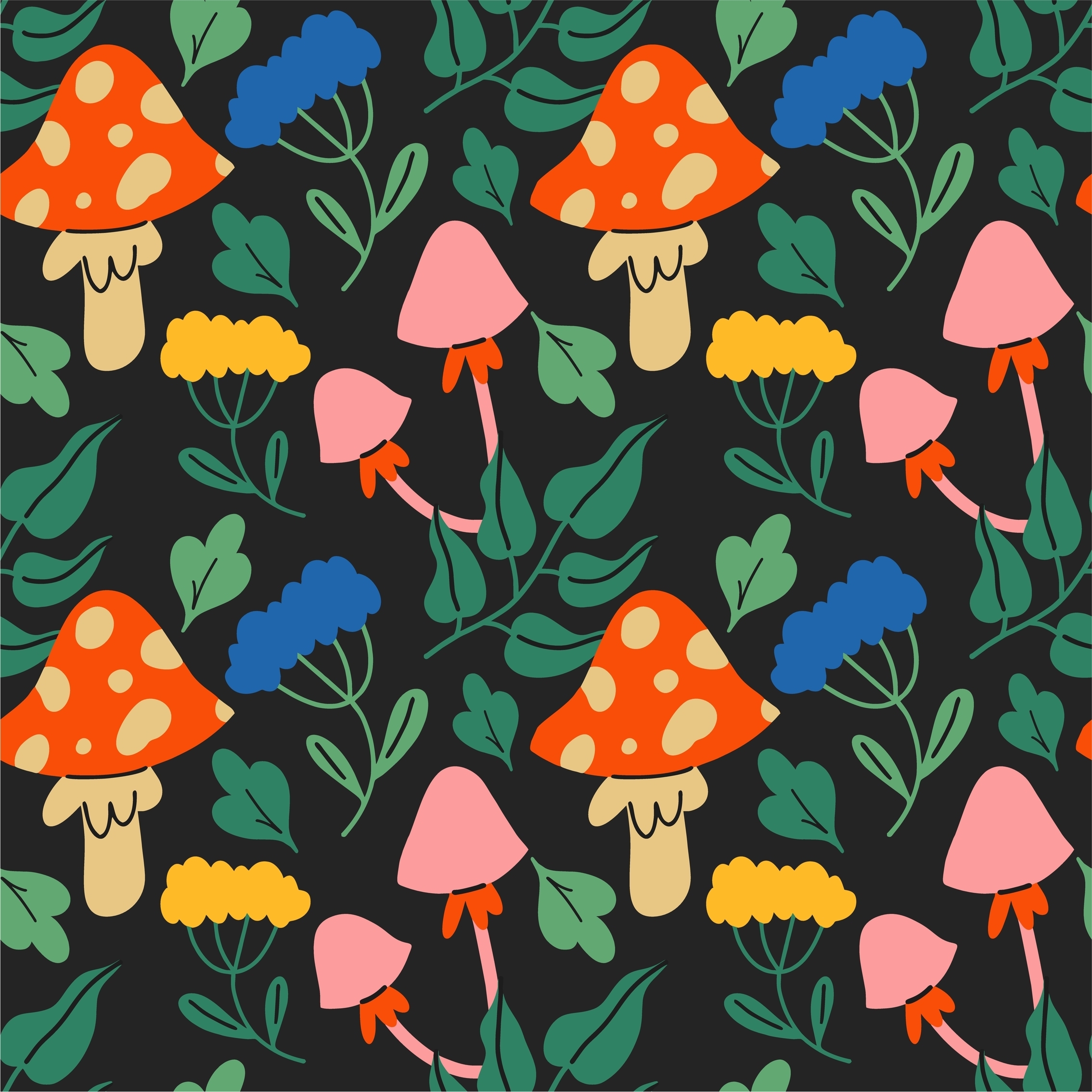 Colorful pattern featuring orange spotted mushrooms, pink flowers, and green leaves on a dark background.