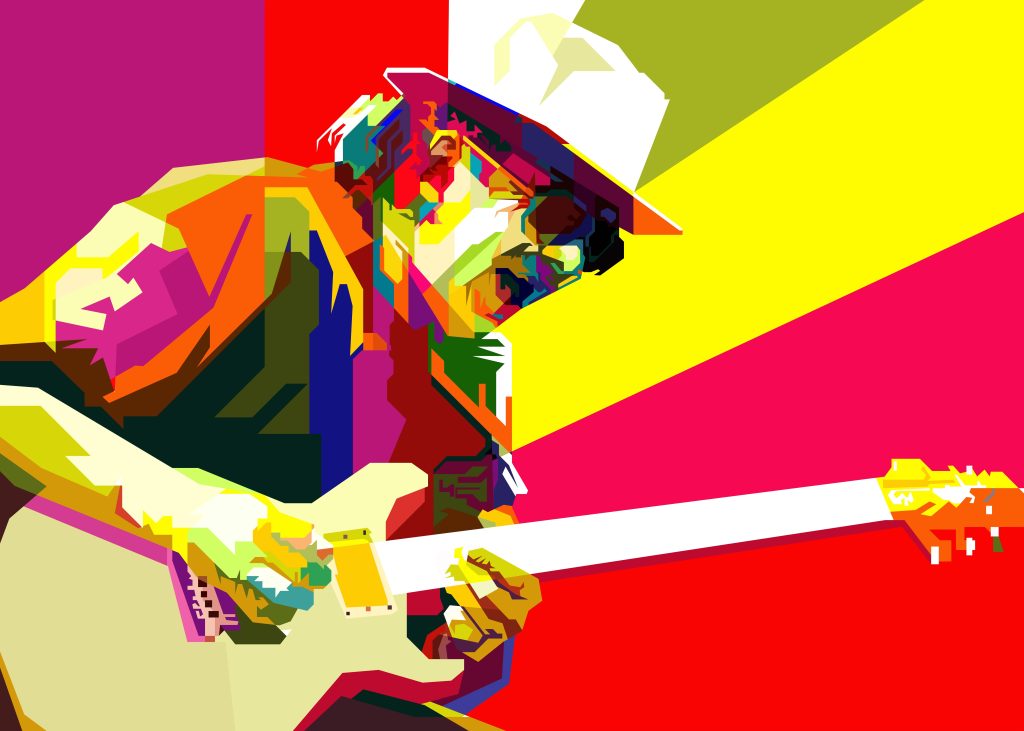 Colorful pop art depiction of a guitarist wearing a white hat, passionately playing an electric guitar against vibrant bac...