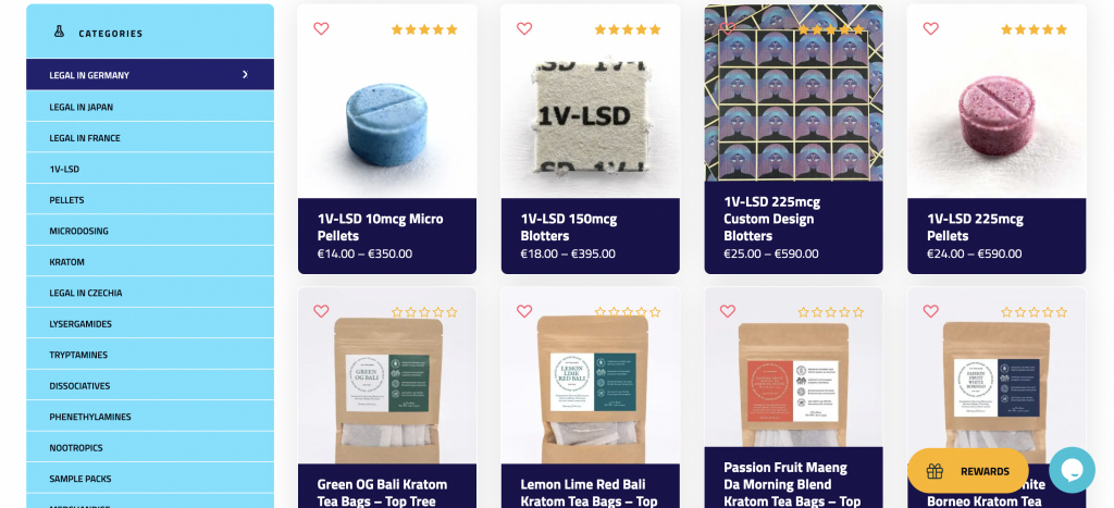 Colorful product listings for various substances, including LSD pellets and kratom tea bags, with star ratings and prices.