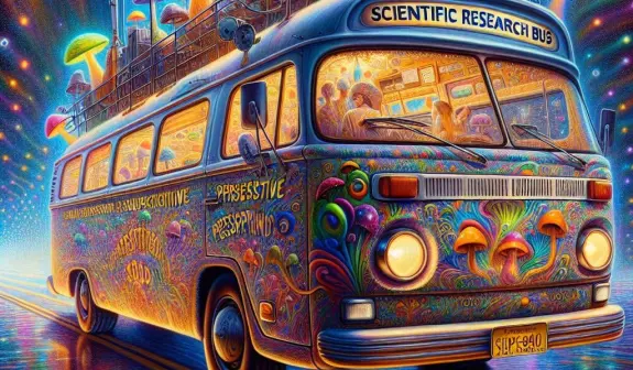 Colorful, psychedelic bus adorned with mushrooms and scientific equipment, illuminated by vibrant lights on a dynamic road.