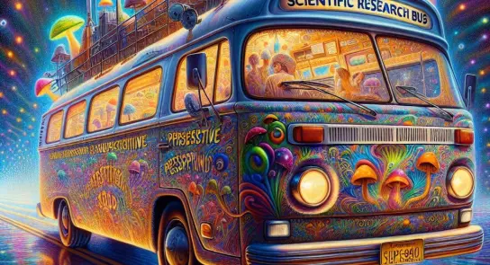 Colorful, psychedelic bus adorned with mushrooms and scientific equipment, illuminated by vibrant lights on a dynamic road.