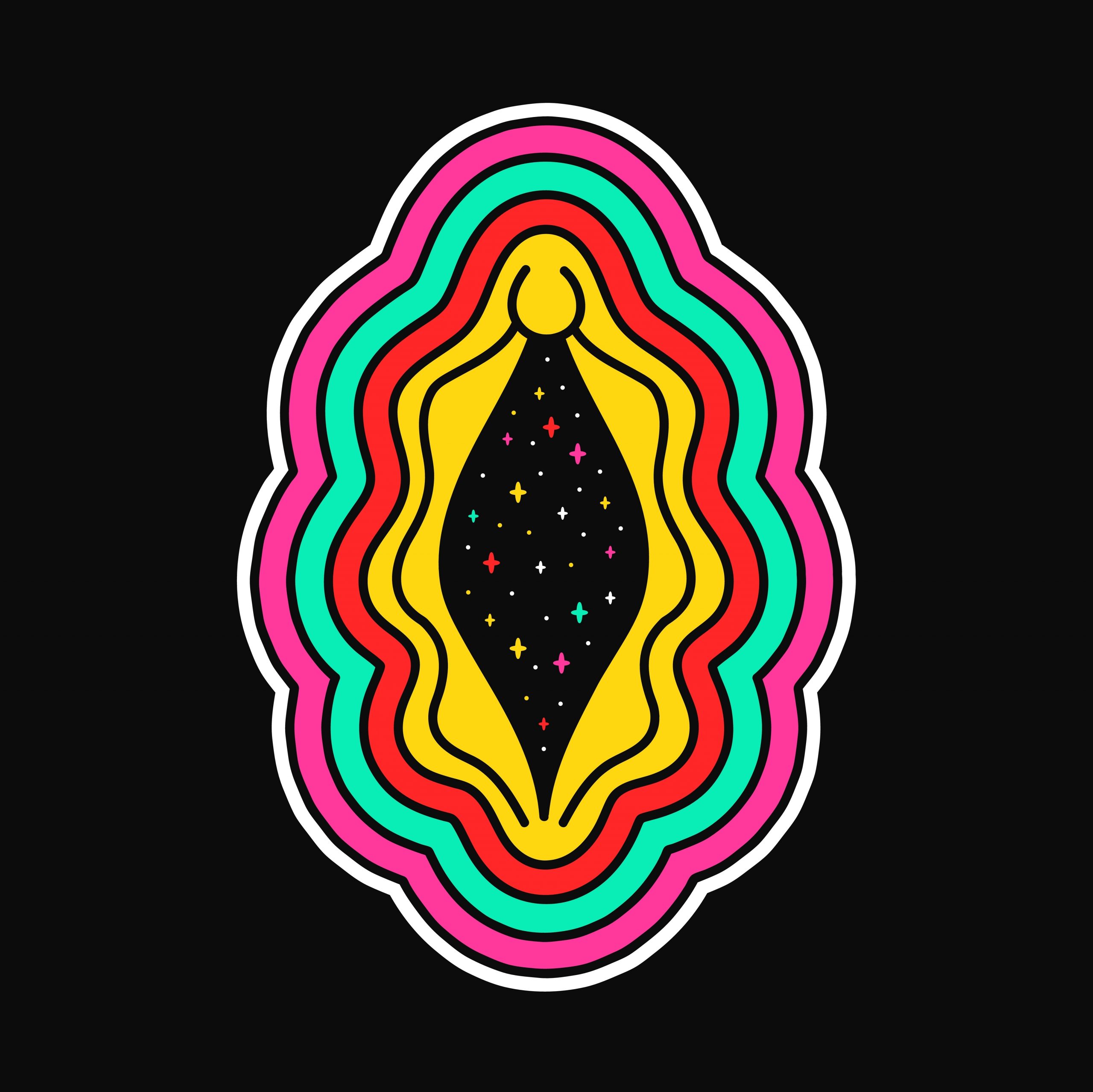 Colorful, psychedelic design featuring a central black silhouette surrounded by vibrant, wavy patterns in pink, green, and...