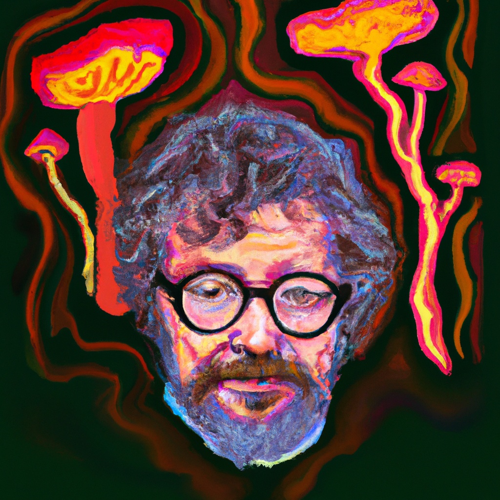 A colorful, psychedelic portrait of a man with glasses, surrounded by vibrant mushrooms and abstract swirls.