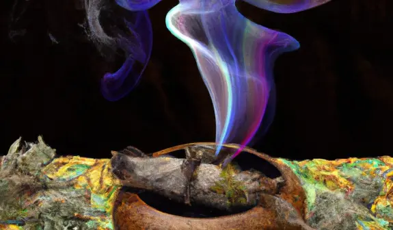 Colorful smoke swirls above a rustic clay pot with charred wood, set against a textured, vibrant background.