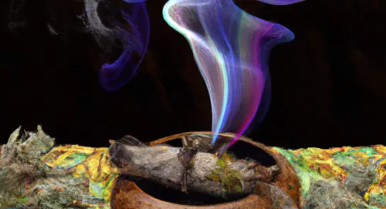 Colorful smoke swirls above a rustic clay pot with charred wood, set against a textured, vibrant background.