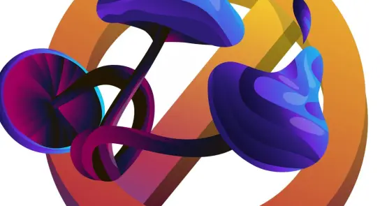 Colorful, stylized mushrooms entwined with a bold, circular orange and yellow background.