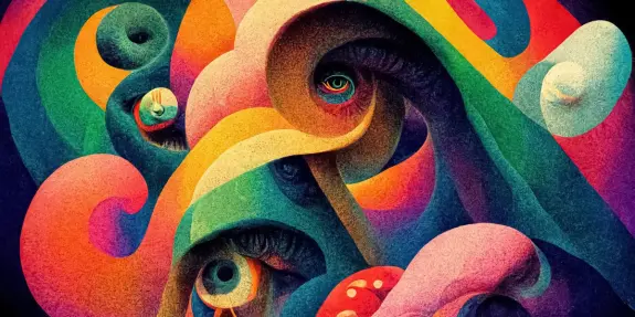 Colorful, swirling patterns with abstract eyes peeking through, creating a vibrant, surreal visual experience.