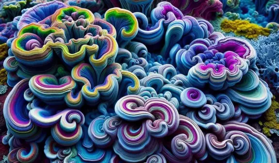Colorful, swirling patterns of vibrant blues, purples, and greens create a mesmerizing abstract design resembling coral.