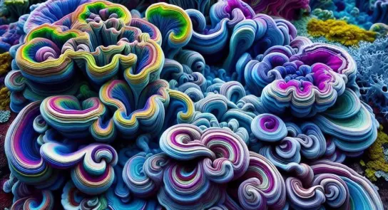 Colorful, swirling patterns of vibrant blues, purples, and greens create a mesmerizing abstract design resembling coral.