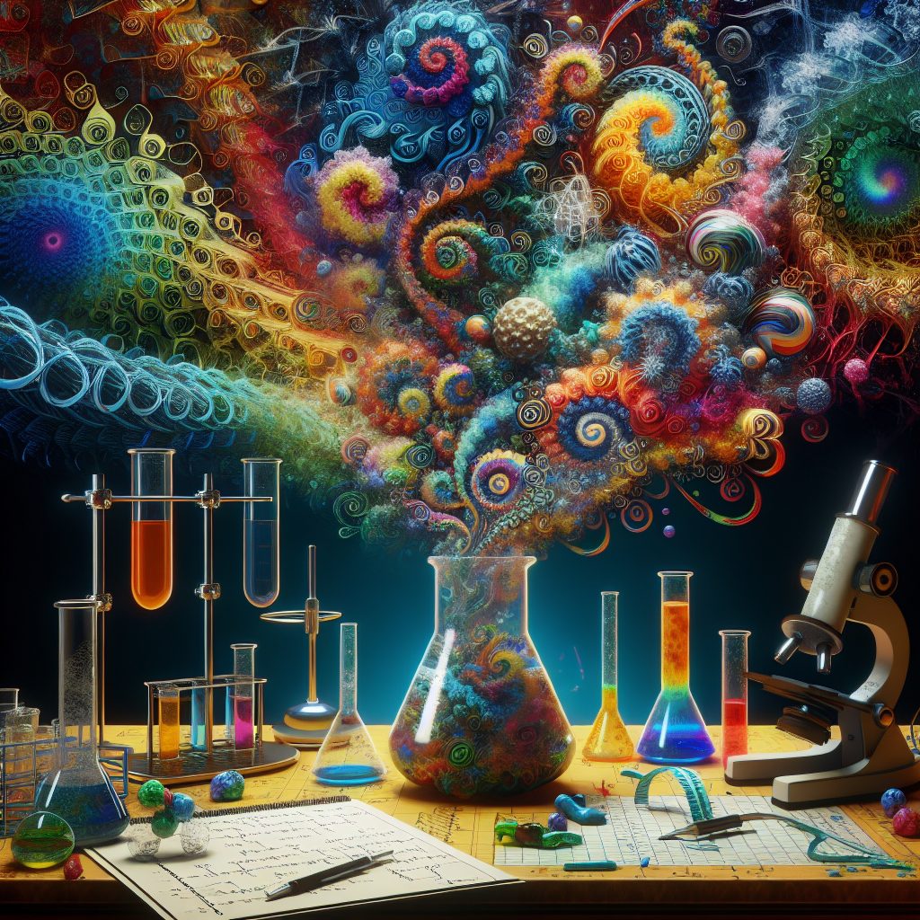Colorful swirls and patterns erupt from a laboratory flask, surrounded by test tubes, a microscope, and scientific notes.
