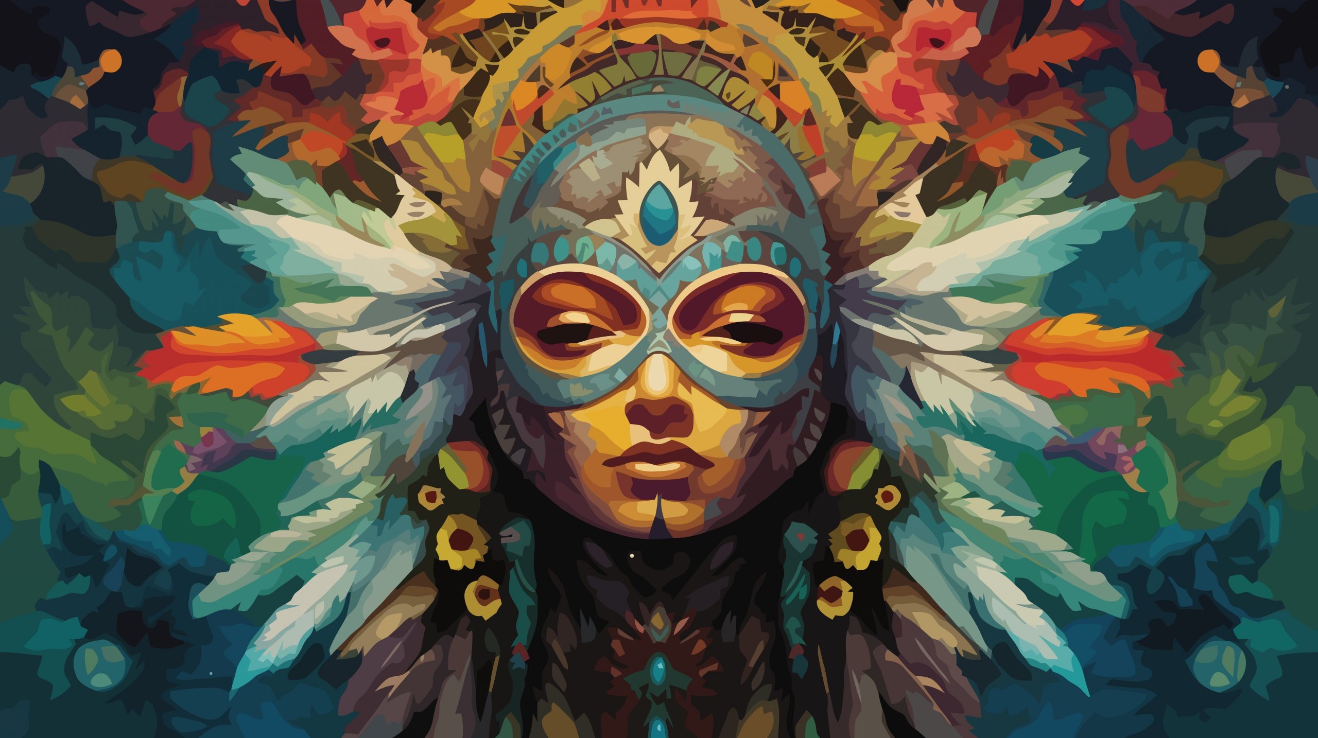 Colorful tribal mask adorned with feathers and floral patterns, featuring intricate details and vibrant hues.