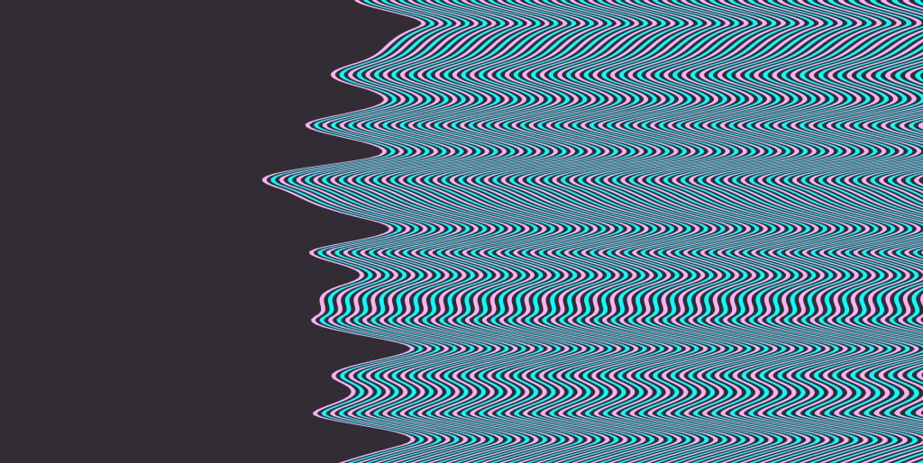 Colorful wavy lines in pink and blue create a dynamic pattern against a dark background, suggesting movement and rhythm.