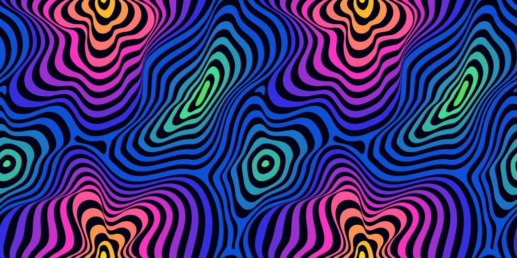 Colorful, wavy patterns in pink, green, and blue create a vibrant, abstract design on a dark background.