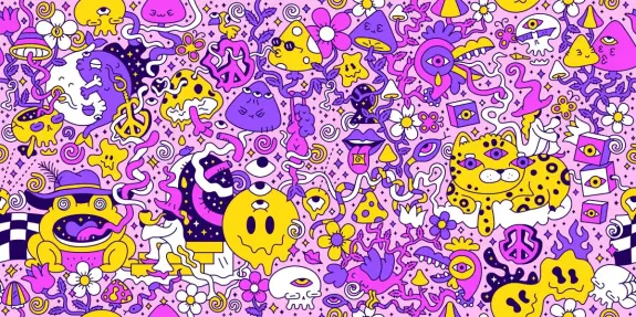 Colorful, whimsical doodles featuring creatures, flowers, and abstract shapes in purple, yellow, and pink hues.