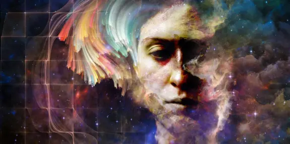 A cosmic portrait blending a serene face with vibrant, swirling colors and a starry background.