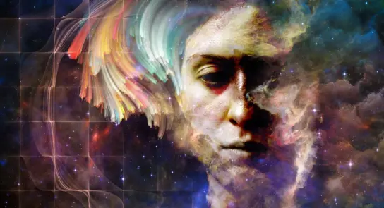 A cosmic portrait blending a serene face with vibrant, swirling colors and a starry background.