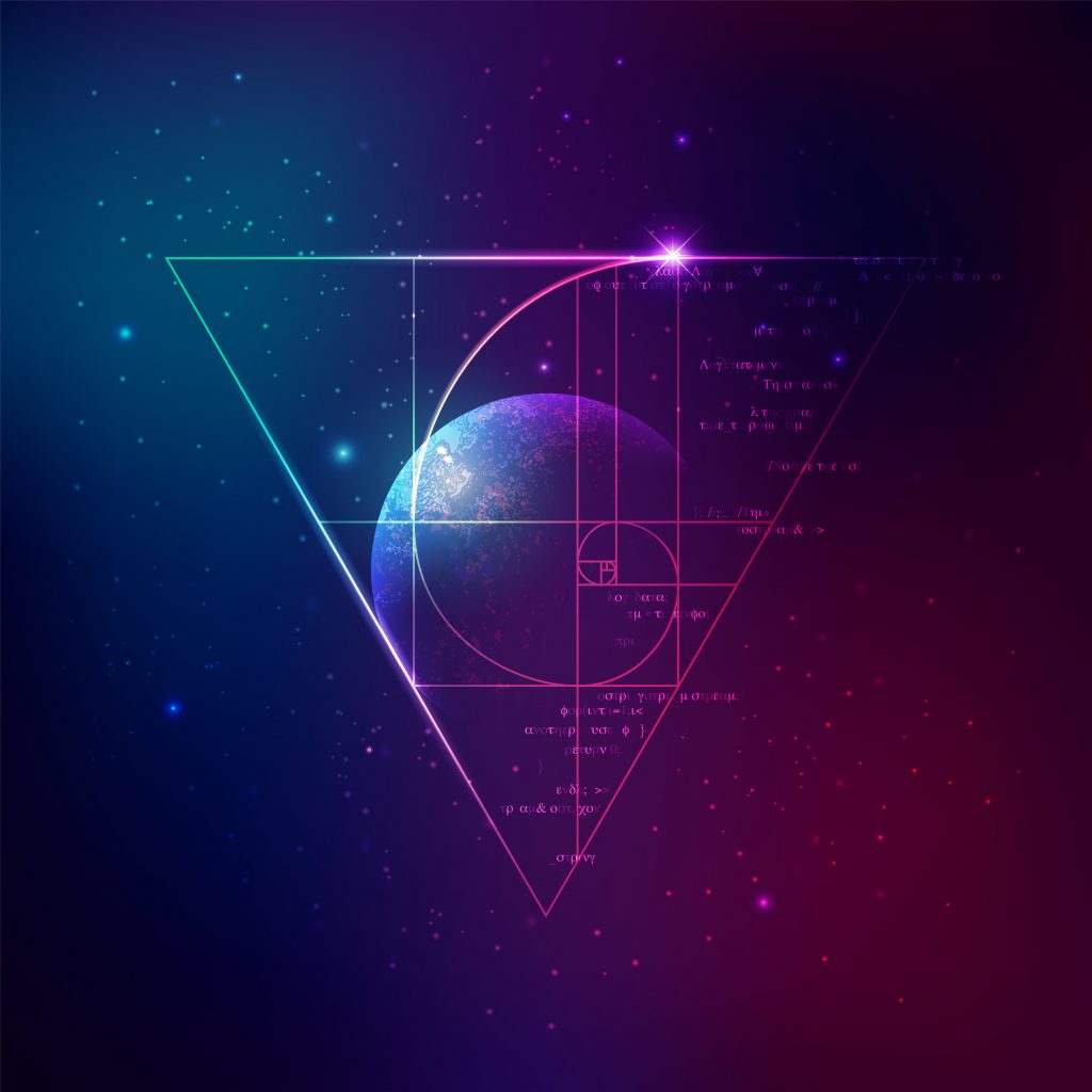A cosmic scene featuring a planet within a geometric triangle, overlaid with mathematical symbols and vibrant colors.