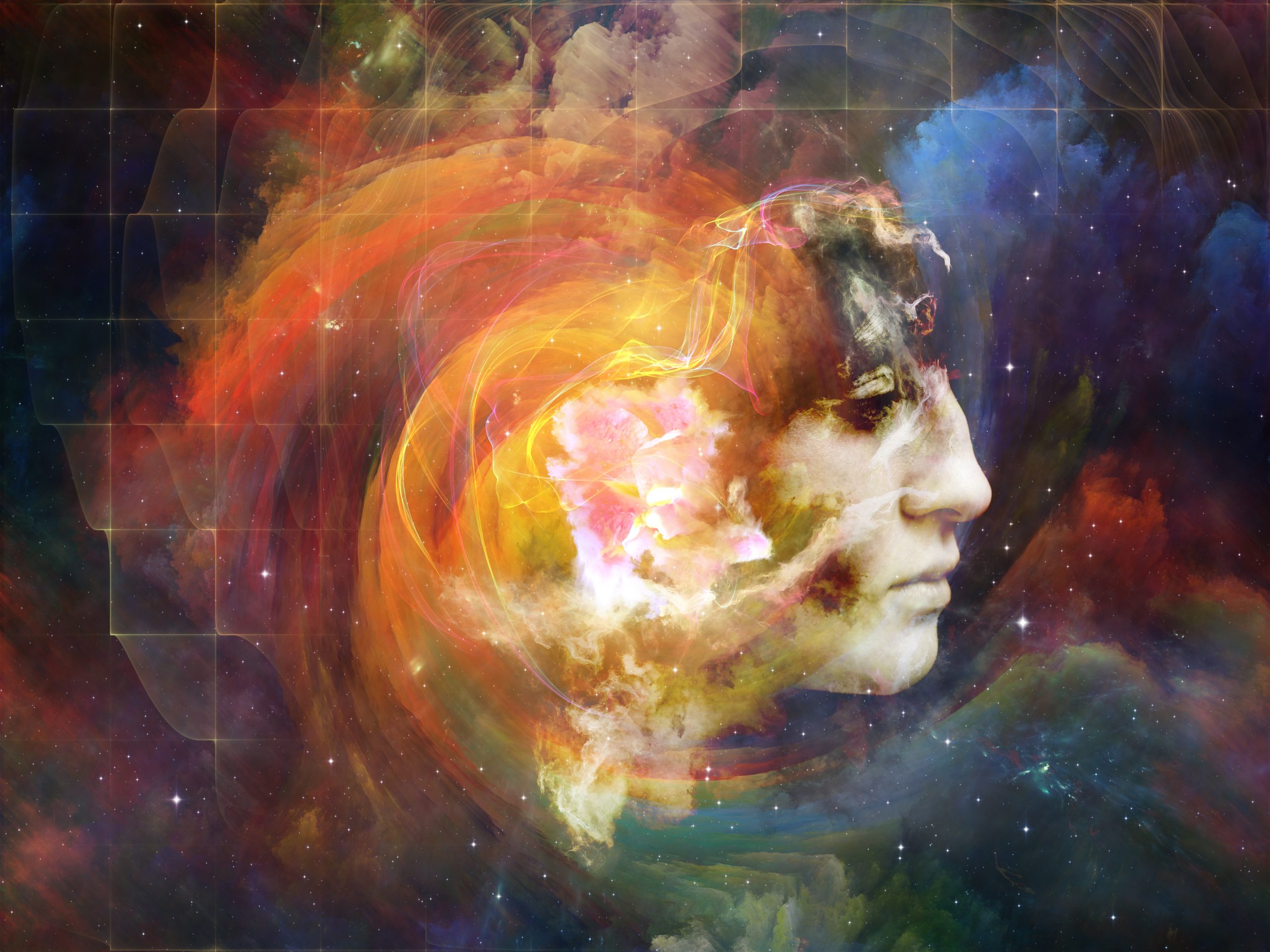 A cosmic swirl of colors forms a human profile, blending with vibrant nebulae and starry backgrounds.