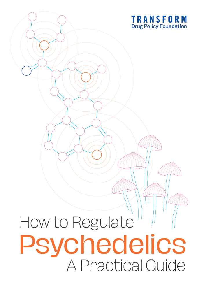 Cover design featuring molecular structures and mushrooms, titled "How to Regulate Psychedelics: A Practical Guide.