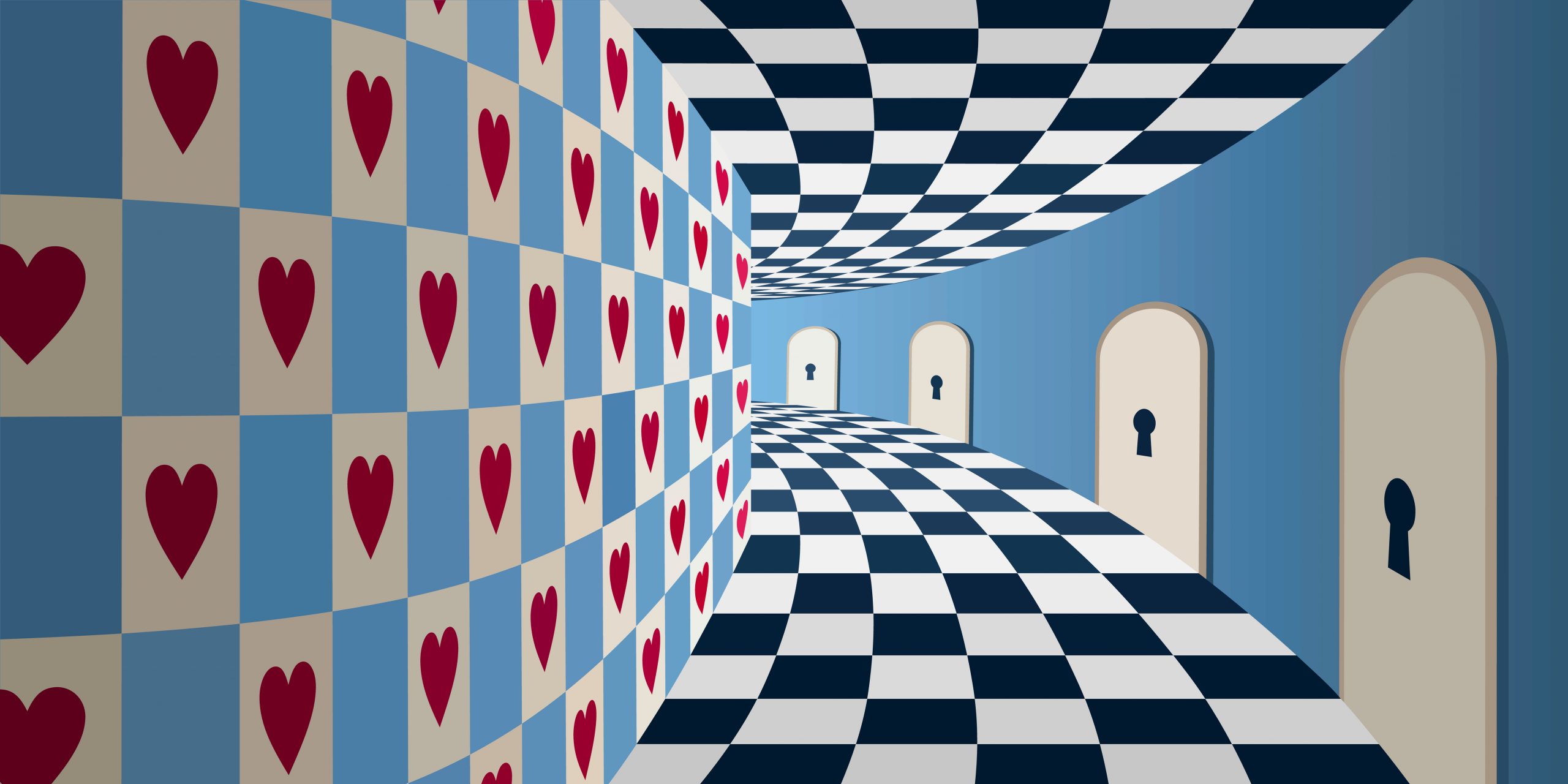 Curved hallway with checkered floor and walls adorned with red hearts, featuring doors with keyholes.