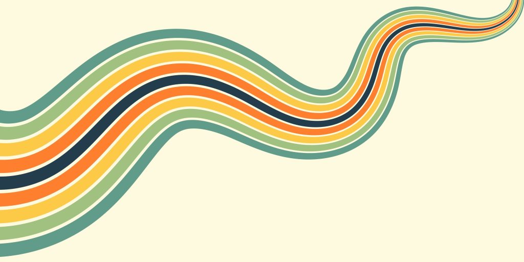 Curving lines in shades of green, orange, and navy create a dynamic, retro-inspired wave against a light background.