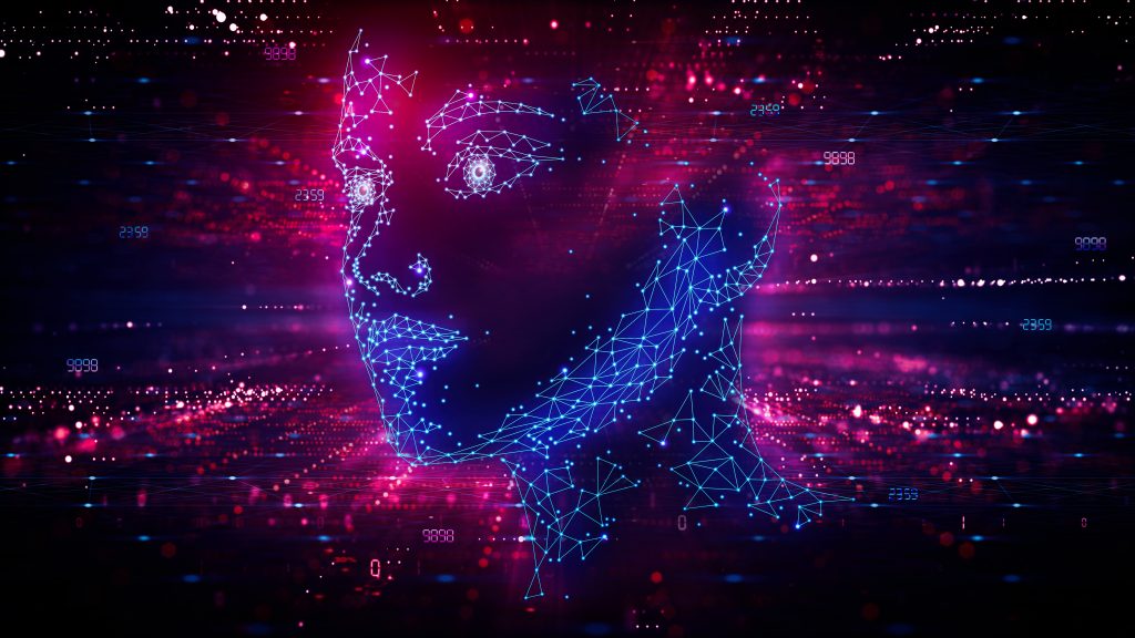 A digital face composed of glowing blue and pink lines, surrounded by a matrix of numbers and data points.