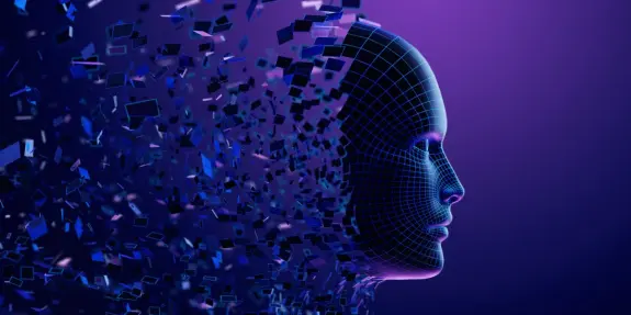 A digital face dissolving into geometric fragments against a purple background, symbolizing technology and transformation.