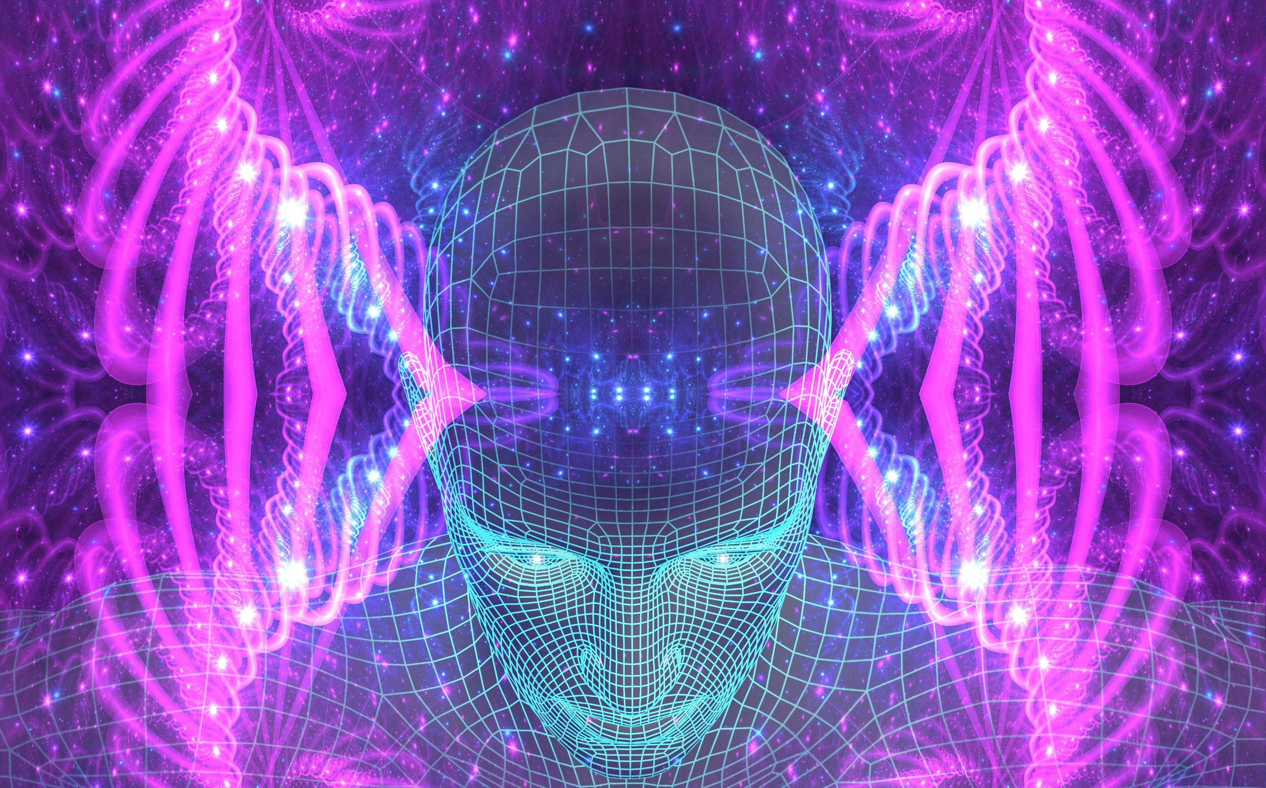 A digital head with a wireframe design, surrounded by vibrant purple and blue cosmic patterns and swirling energy.