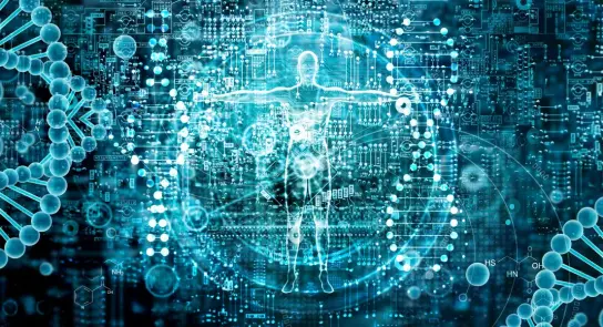 A digital human figure surrounded by glowing circuits and DNA strands, symbolizing the fusion of technology and biology.