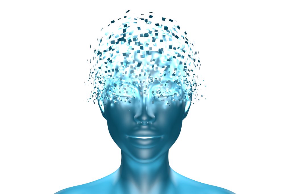 A digital human figure with a translucent blue face, surrounded by floating, fragmented pixels resembling a data cloud.