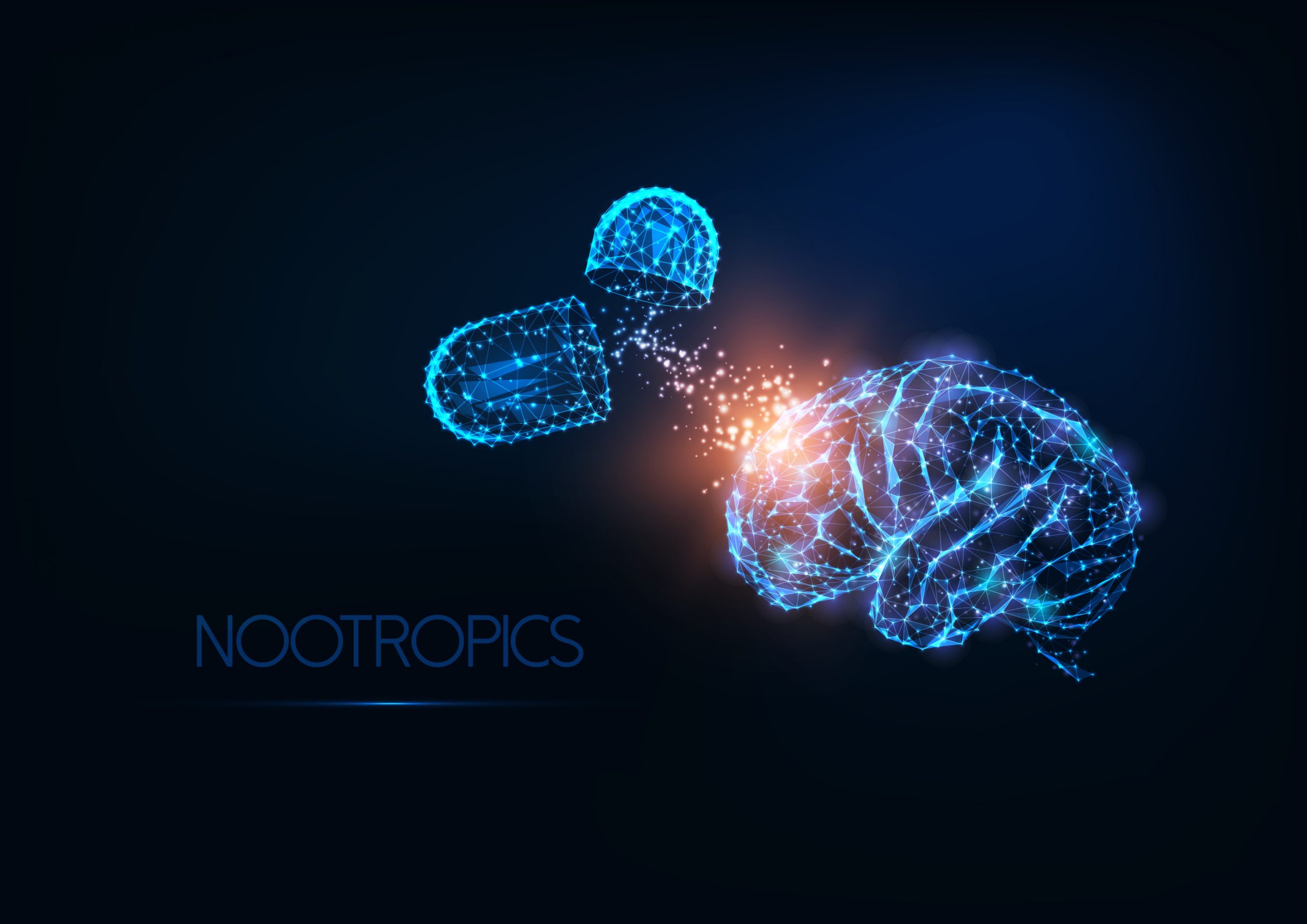 Digital illustration of a brain with glowing neural connections, alongside a capsule, representing nootropics.