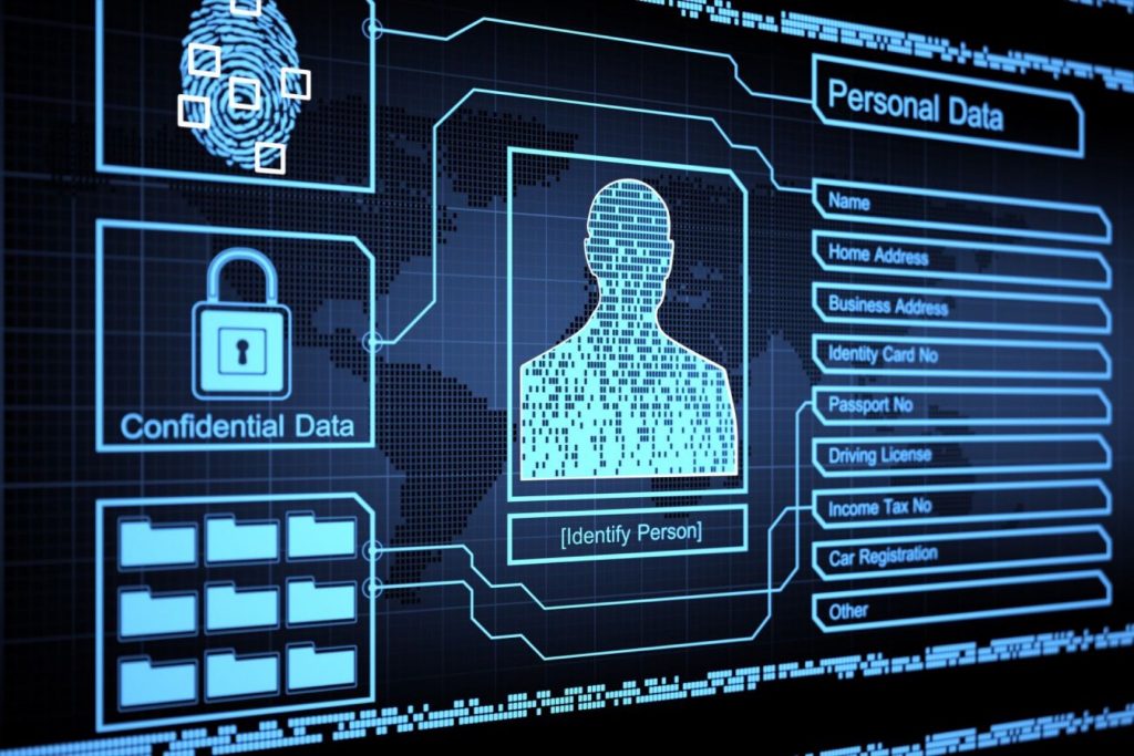 Digital interface displaying personal data, including a fingerprint, silhouette, and various confidential information fields.