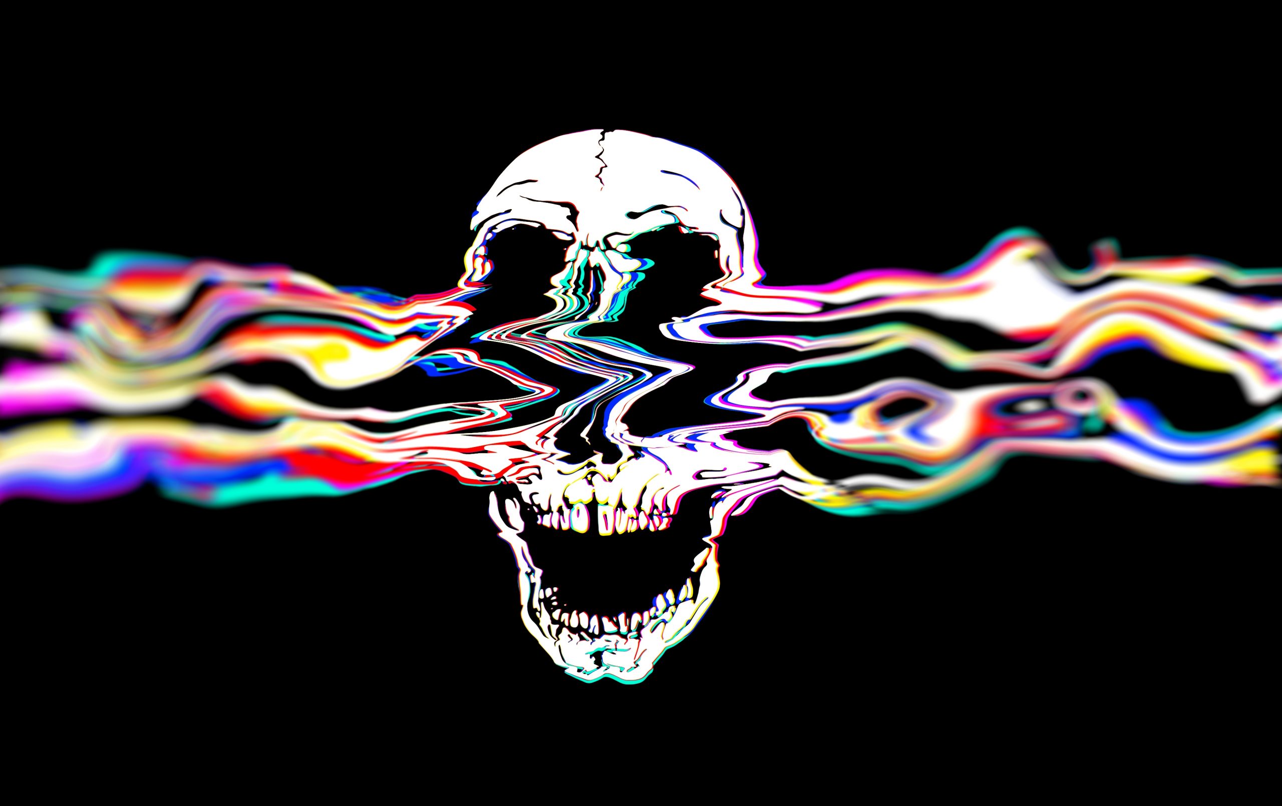 A distorted skull emerges from vibrant, swirling colors against a black background, creating a surreal effect.