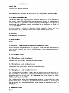 Draft bill document from the Federal Ministry of Health outlining amendments to the New Psychoactive Substances Act.