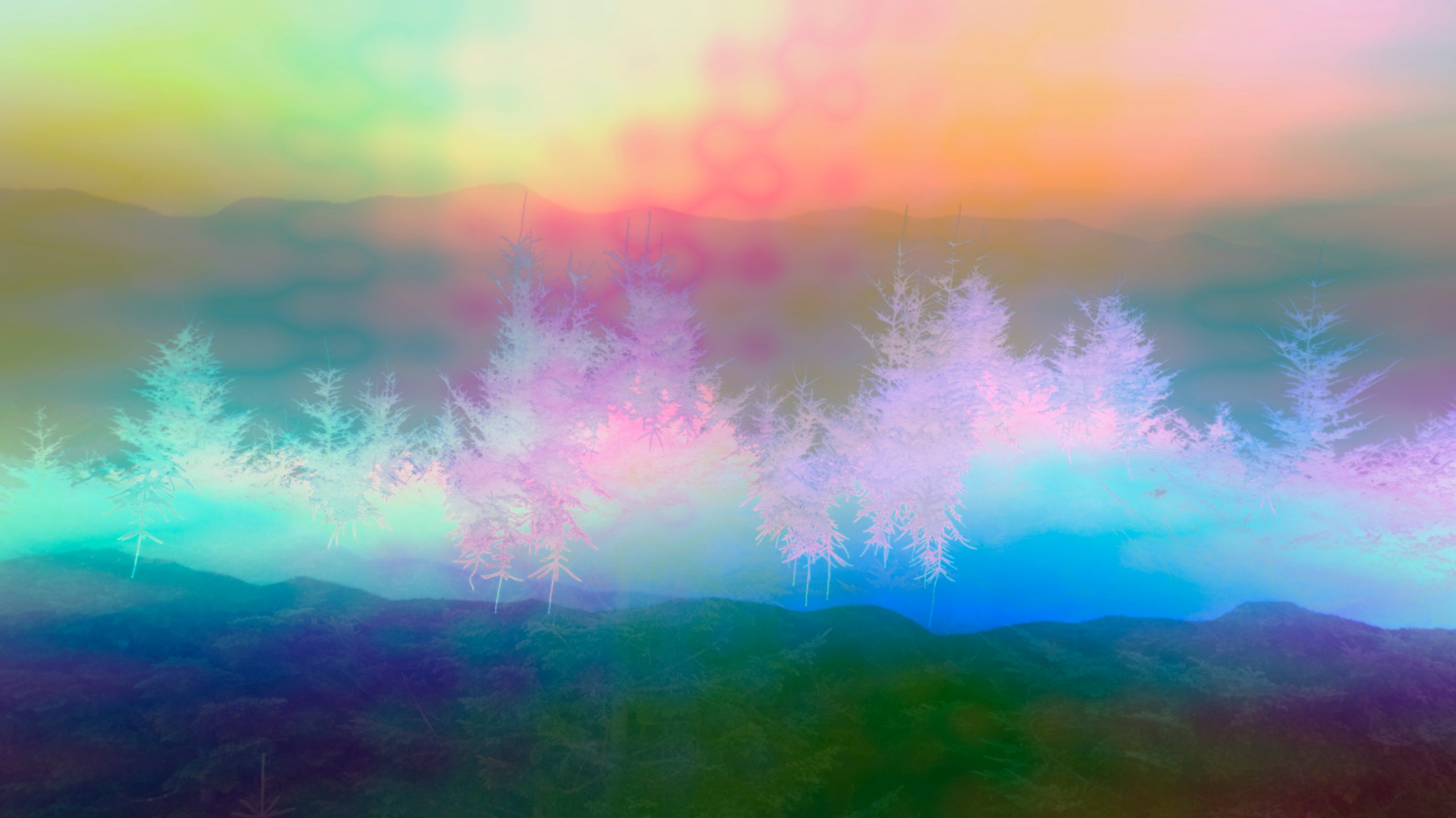Dreamy landscape with colorful, ethereal trees against a soft, blurred mountain backdrop.