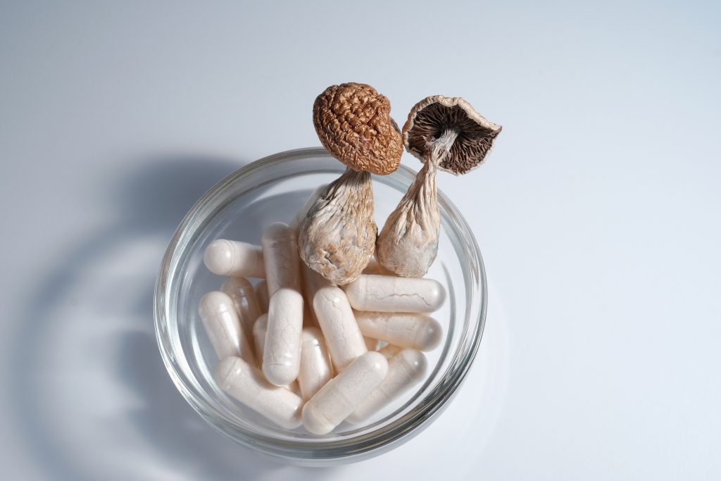 Dried mushrooms and white capsules arranged in a clear glass bowl on a light surface.