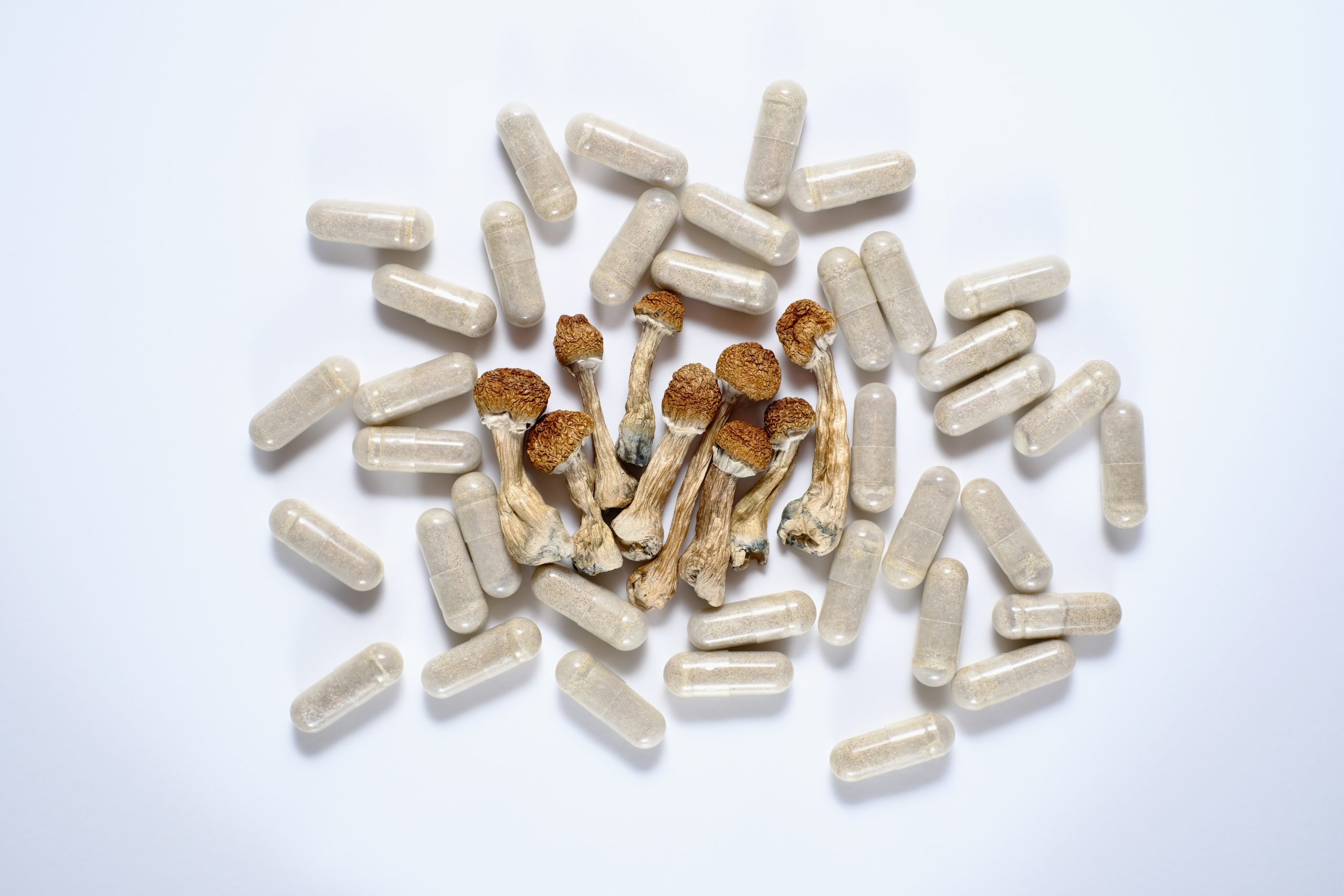 Dried psilocybin mushrooms surrounded by clear capsules on a white background.