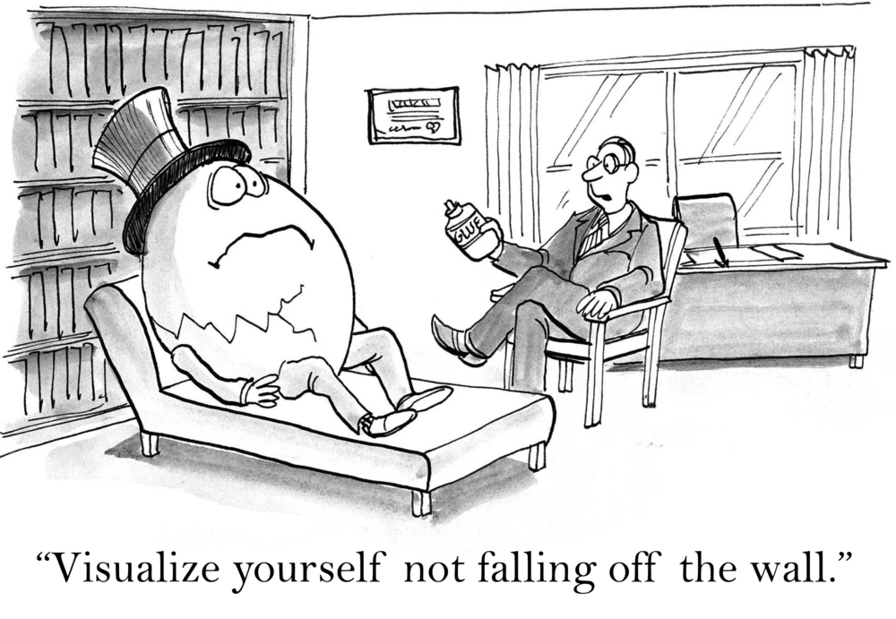 An egg in a top hat lies on a therapist's couch, while a suited man holds a spray can, suggesting visualization techniques.