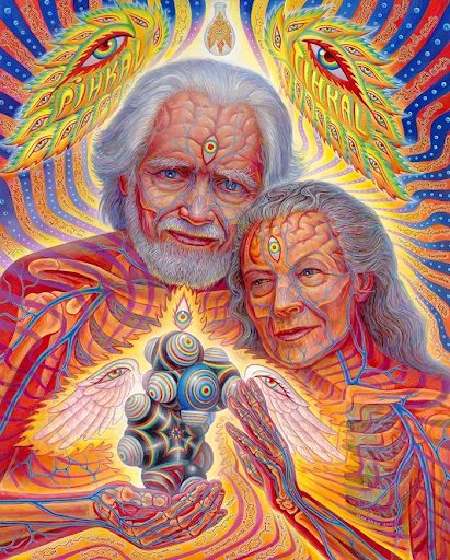 Elderly couple with vibrant, colorful patterns and spiritual symbols, holding a glowing orb between them.