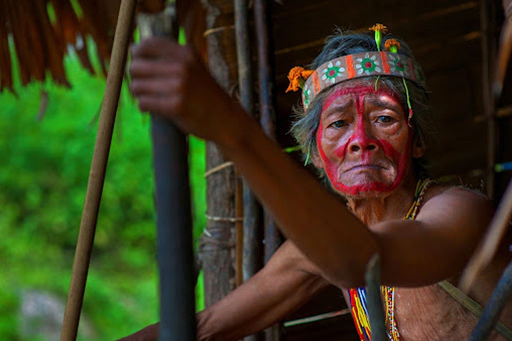Elderly Indigenous person with traditional face paint and a feathered headdress, gazing thoughtfully from a wooden structure.
