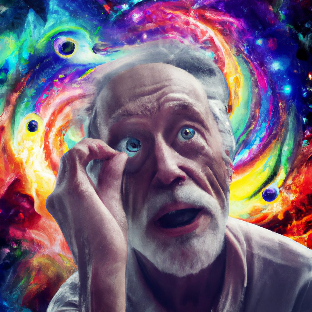 An elderly man with white hair and blue eyes gazes in awe, surrounded by a vibrant cosmic swirl of colors and galaxies.