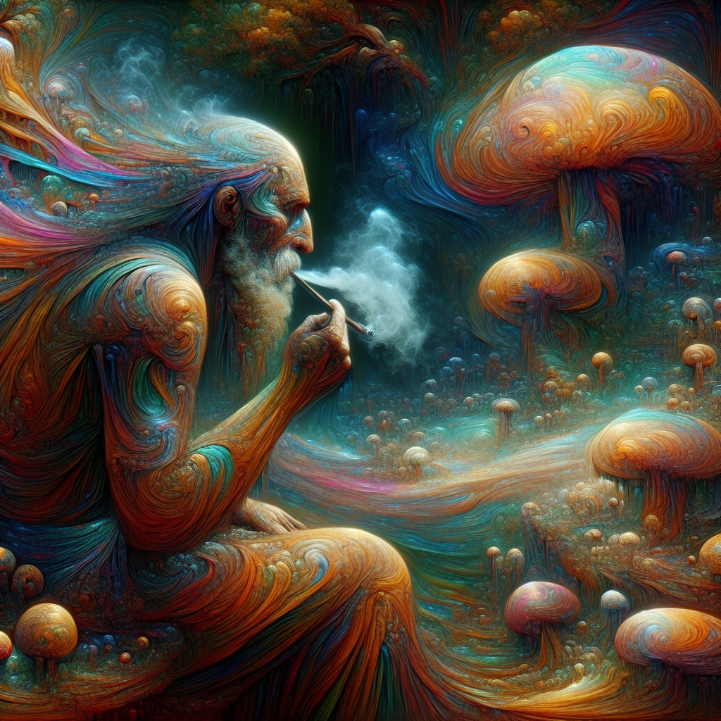 An ethereal, colorful figure with a long beard smokes thoughtfully amidst vibrant, swirling mushrooms and dreamlike landsc...