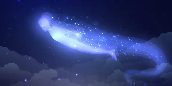Ethereal figure gliding through a starry night sky, surrounded by shimmering particles and soft clouds.