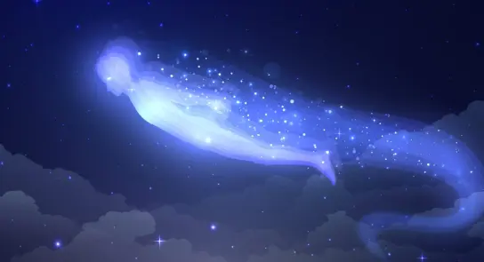 Ethereal figure gliding through a starry night sky, surrounded by shimmering particles and soft clouds.