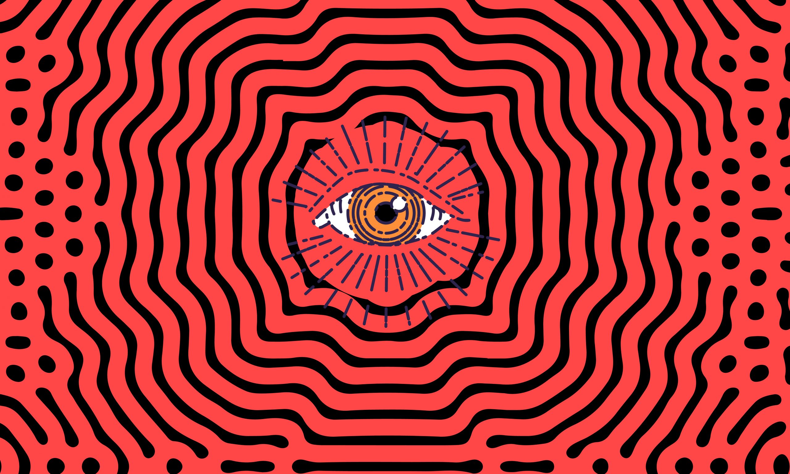 An eye surrounded by wavy black lines on a vibrant red background, creating a hypnotic effect.