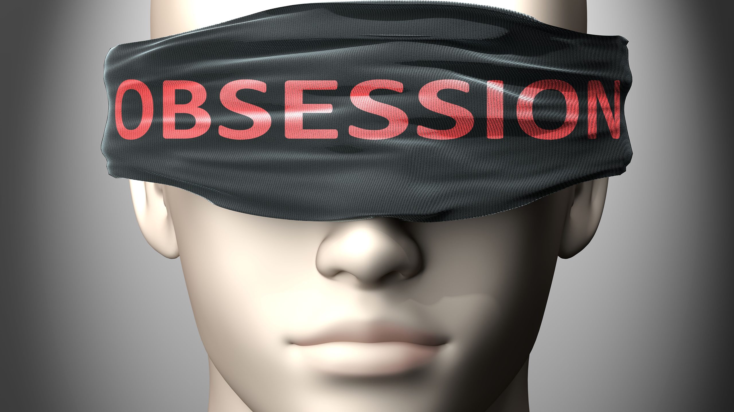 A faceless mannequin wears a black blindfold with the word "OBSESSION" boldly printed in red.