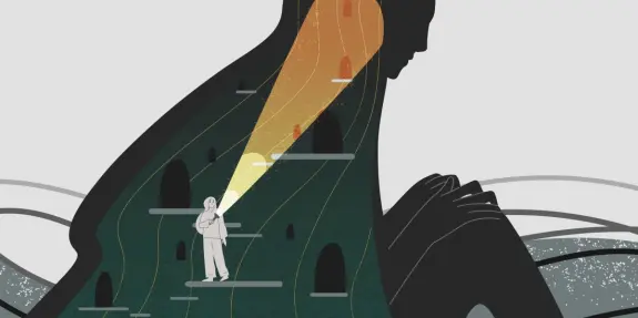 A figure with a flashlight explores a dark landscape, illuminated by a glowing silhouette of a woman's profile.