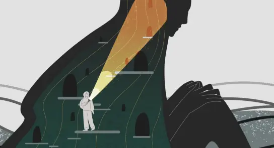 A figure with a flashlight explores a dark landscape, illuminated by a glowing silhouette of a woman's profile.