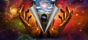 A figure with golden hands reaches towards a cosmic scene, framed by metallic panels, against a vibrant, colorful background.